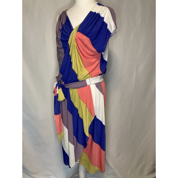 70s 80s Vibe Color Block Faux Wrap Midi Dress Tie Waist Max And Cleo Women’s L - Picture 6 of 8